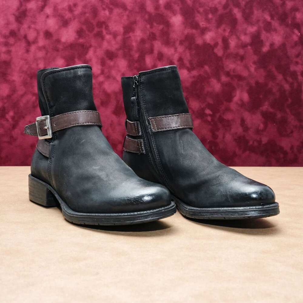 Miz Mooz Women Novo Black Leather Moto Biker Strap Zip Ankle Boots 6.5-7US EUR37